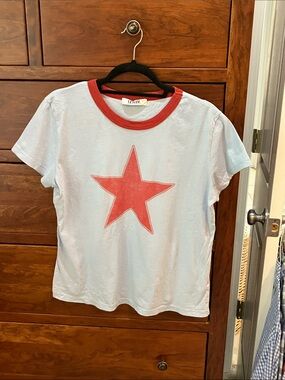 Anthropologie LETLUV Light Blue Star Tee with Red Trim XL